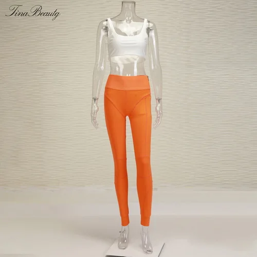Orange Premium Tina beauty Kylie дизайнерский Gymwear комплект из 2 предметов с квадратным вырезом Бюстье и растягивающиеся длинные брюки с хеш-линией - Цвет: Orange Premium