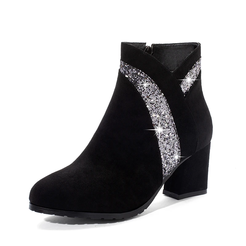 

NASBAVI Autumn and Winter New Fashion Suede Microfiber Lining Sequin Decoration Women's Side Zipper Ankle Boots High Heels
