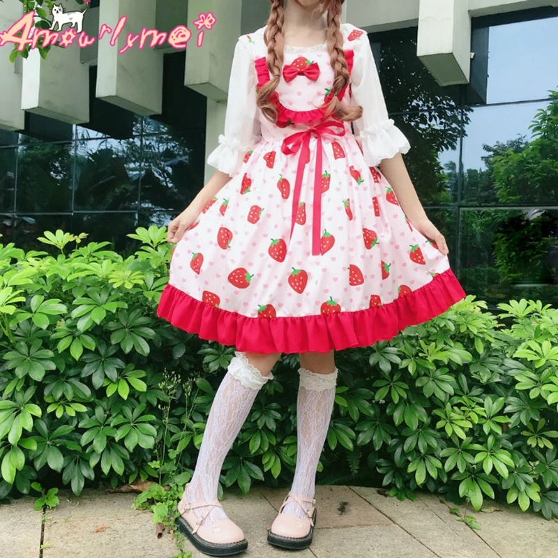 Японское Kawaii милое платье принцессы Лолиты без рукавов с высокой талией милое клубничное Вишневое платье с принтом летнее платье Mori на девочку