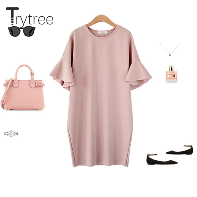 Trytree летнее женское платье повседневное однотонное мини-платье с круглым вырезом