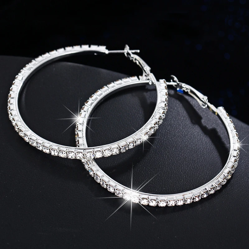 Fashion Popular Big Circle Hoop Earrings for Women Girls Geometric Rhinestone Crystal Round Earring Party Jewelry s | Украшения и