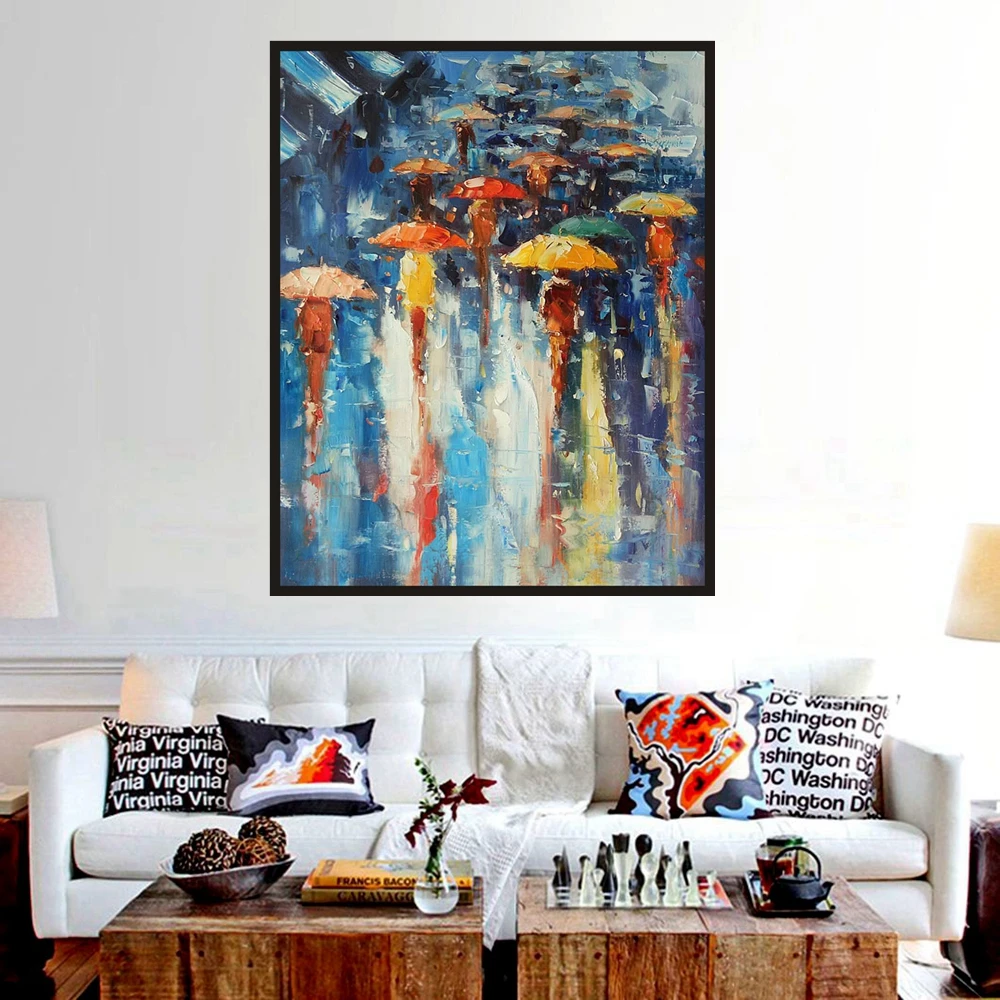 Office Decor Knife Painting for Living Room Wall Art Landscape Rain Umbrella Hand Painted Canvas Oil Paintings Dropship
