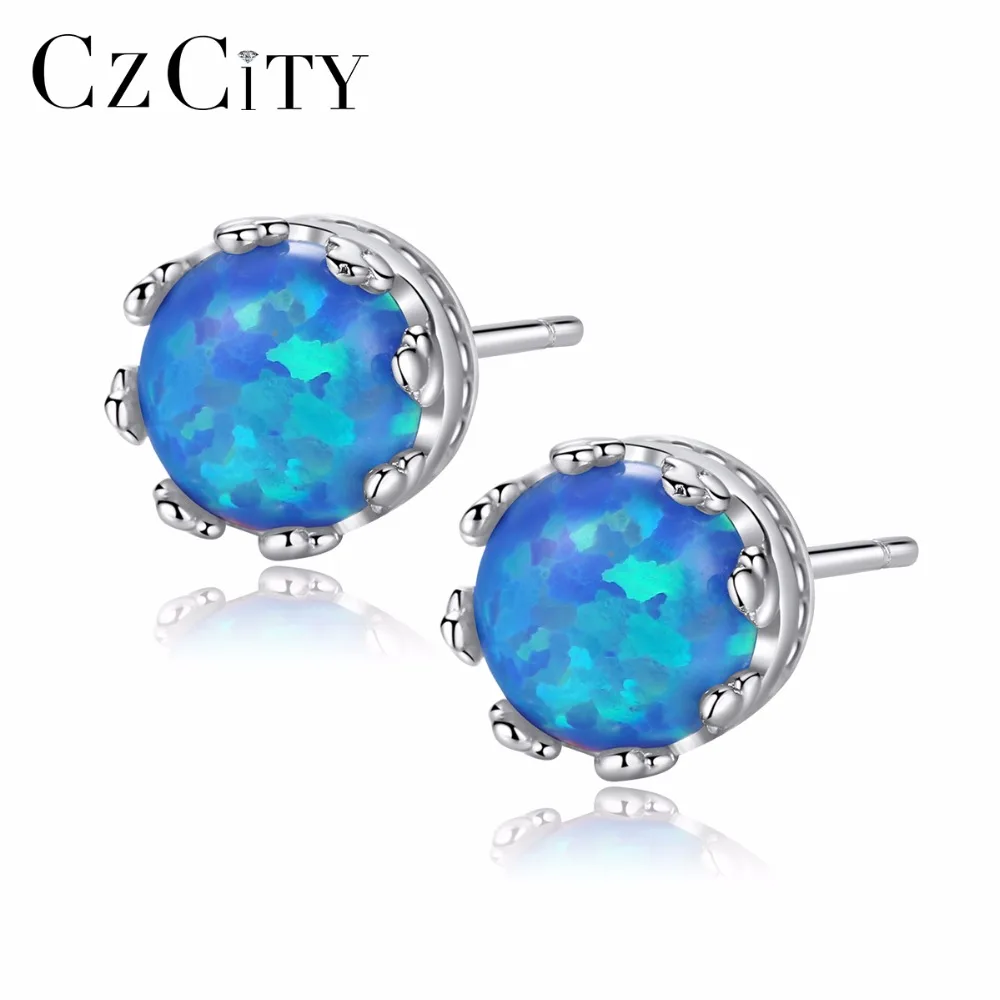 

CZCITY 925 Sterling Silver Round Fire Opal Stud Earrings Elegant Blue Opal Hamsa Earing Studs Jewelry for Women Orecchini SE0244