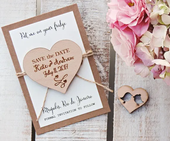 

personalized heart rustic Wedding Announcement invitation cards with wood Save the Date Magnets engagement party favors gifts