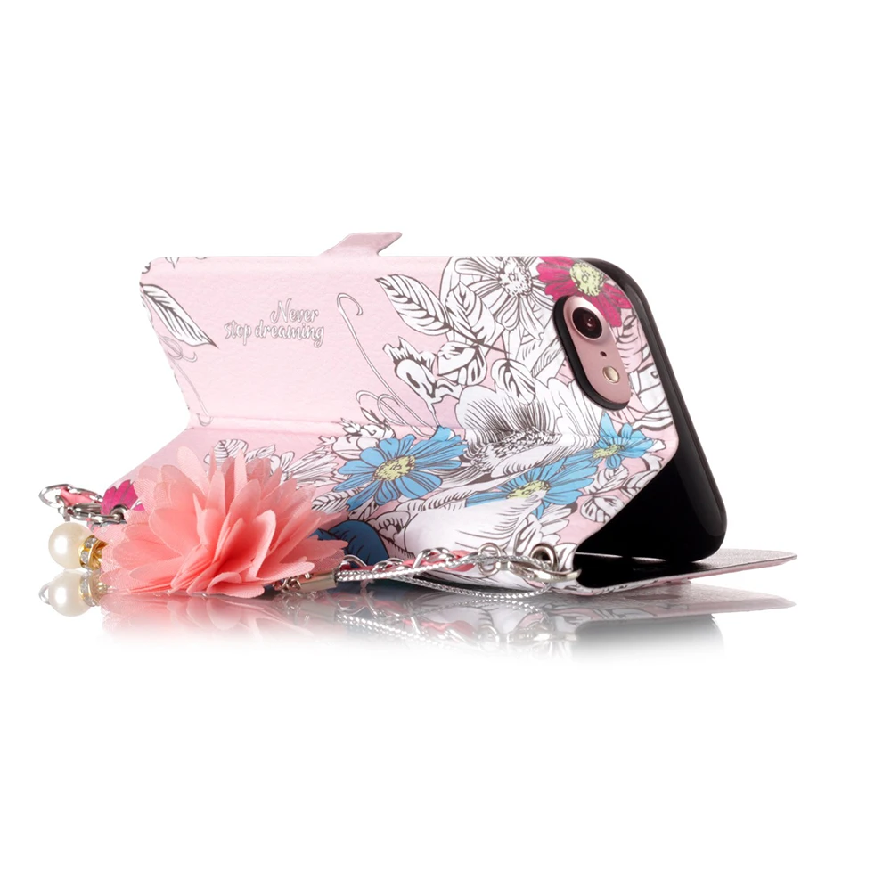 Flowers Flip Leather Case For iPhone 7 8 6 6S Plus Cover with Strap X 5S SE Flower Silicone Wallet Cute Girly | Мобильные телефоны