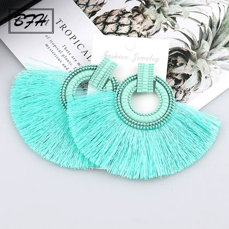 Light Green BFH модные богемные серьги с большими кисточками массивные красные Винтажные висячие серьги из шелковой ткани для женщин ювелирные изделия - Окраска металла: Light Green
