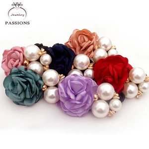 Wholesale Fashion Pearl Flower Hair Bands Satin Big Rose Three Pearls Decor Elastic Hairbands Ponytail Headband For Women&Girls