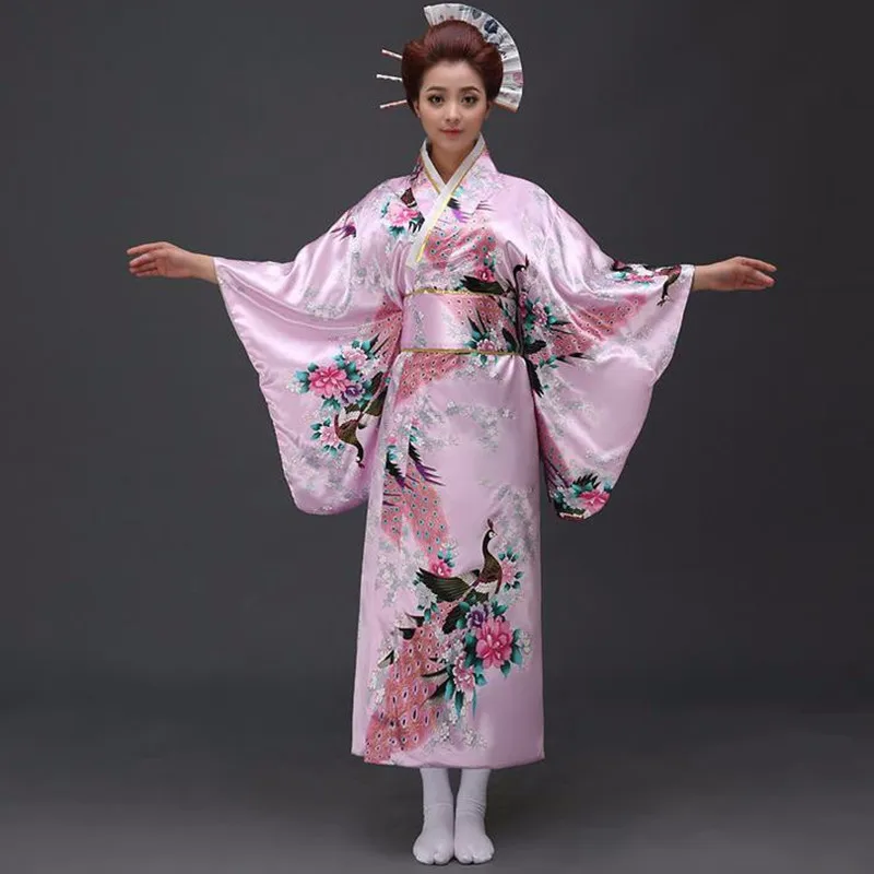Black peafowl Japanese Kimono Women's Polyester Satin Yukata Evening Dress Haori With Obi One Size | Тематическая одежда и