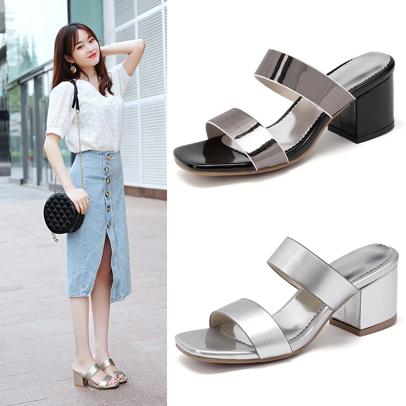 NEMAONE/женские шлепанцы; однотонные туфли с открытым носком на высоком квадратном каблуке; женские модные туфли без задника; большие размеры