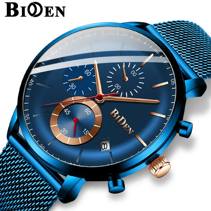 Топ бренд класса люкс BIDEN хронограф кварцевые часы мужские спортивные военные