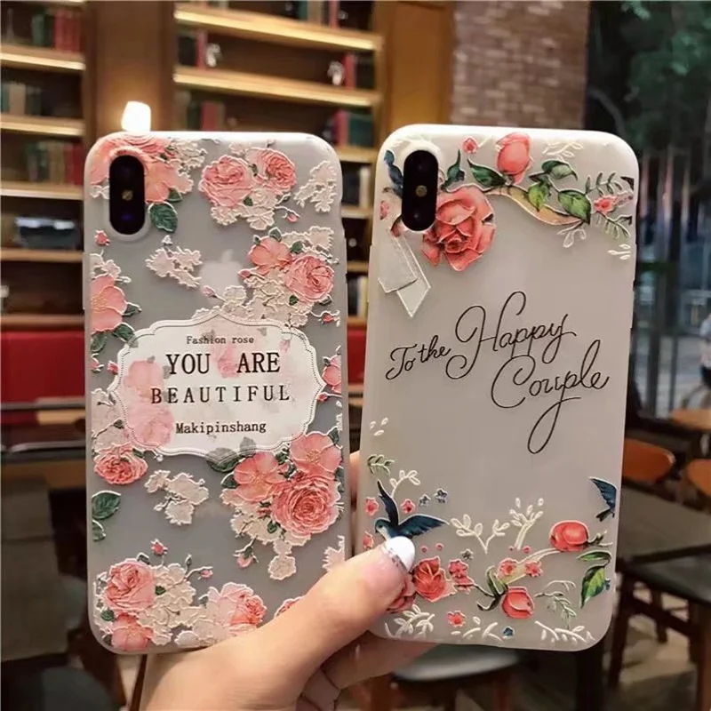 Rheinruby 3D Relief Flower Silicone Phone Case For iPhone X XS Max XR Rose Floral 7 8 6S Plus Soft TPU Cover |