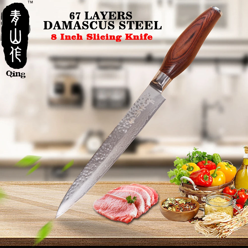 

QING 8'' INCH Damascus Steel Slicing Knife Chef Kitchen Cooking Japanese Style 67 Layers VG10 Sharp Blade Wood Handle Tools