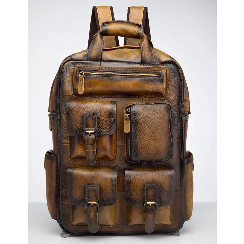 light brown Мужская оригинальная кожаная модная сумка для путешествий, Университетская школьная сумка для книг, дизайнерский мужской рюкзак, Студенческая сумка для ноутбука 1170 - Цвет: light brown