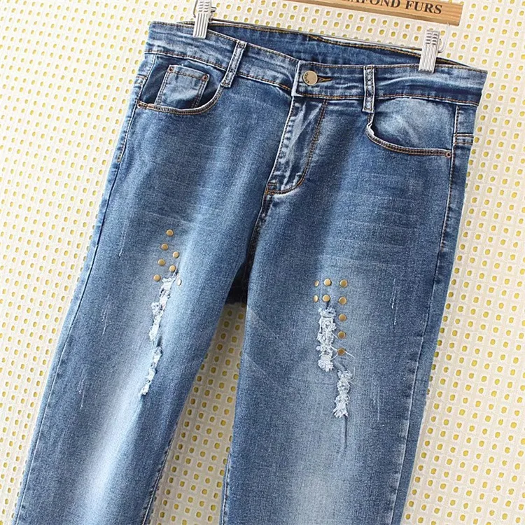 Женские узкие джинсы с бусинами синие повседневные брюки высокой талией