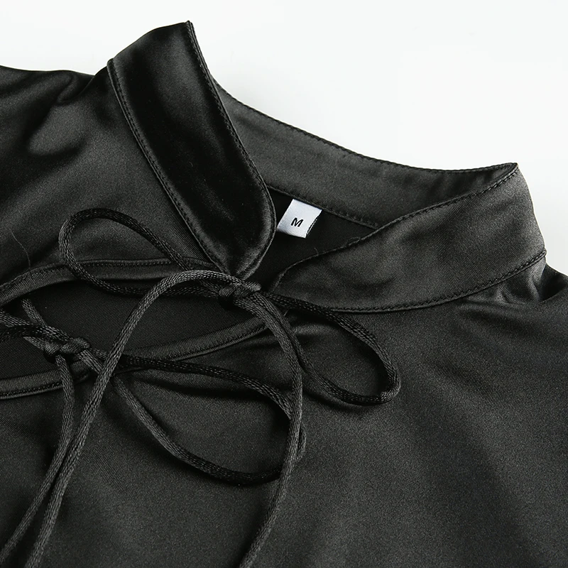 Sweetown черное винтажное сексуальное Бандажное платье Летнее Cheongsam воротник с пышными рукавами кружевное лоскутное женское вечернее платье