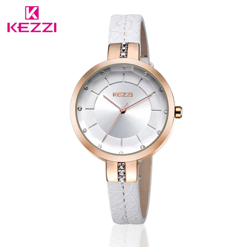 white watch KEZZI Брендовые женские наручные часы с кожаным ремешком, модные инкрустационные стразы, Простой циферблат, японский кварцевый механизм, женские часы - Цвет: white watch