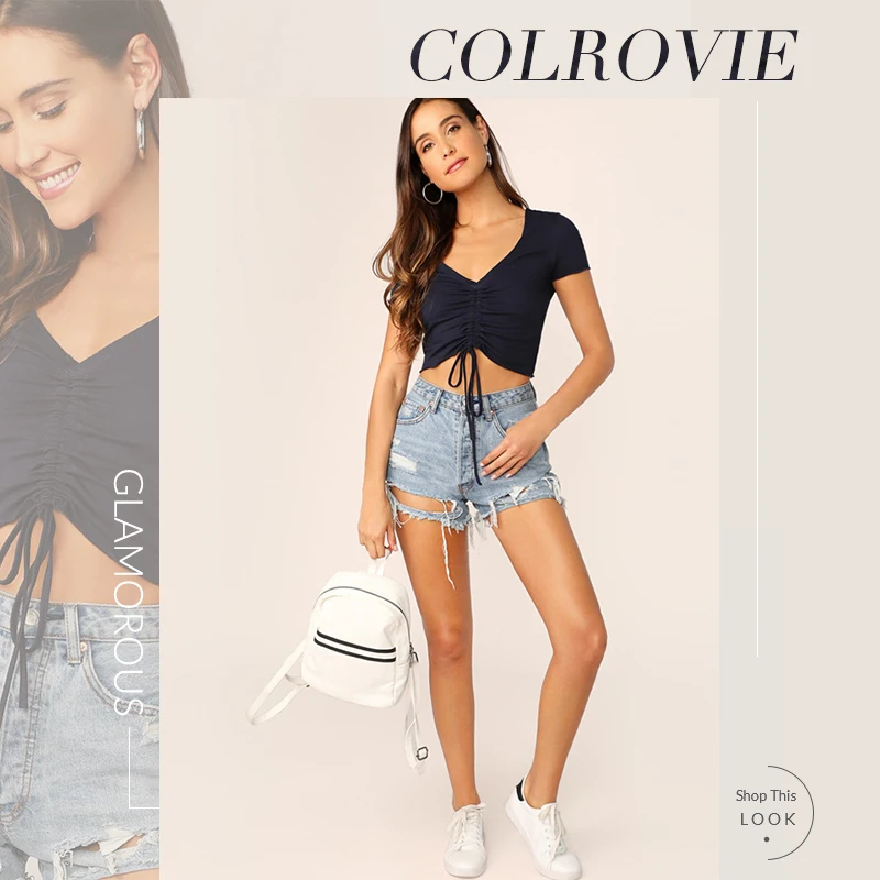 COLROVIE, одноцветная, с рюшами, на завязках спереди, укороченная футболка, Летний Топ для женщин, одежда, сексуальная, v-образный вырез, кепки, рукав, для девушек, тонкая, облегающая футболка