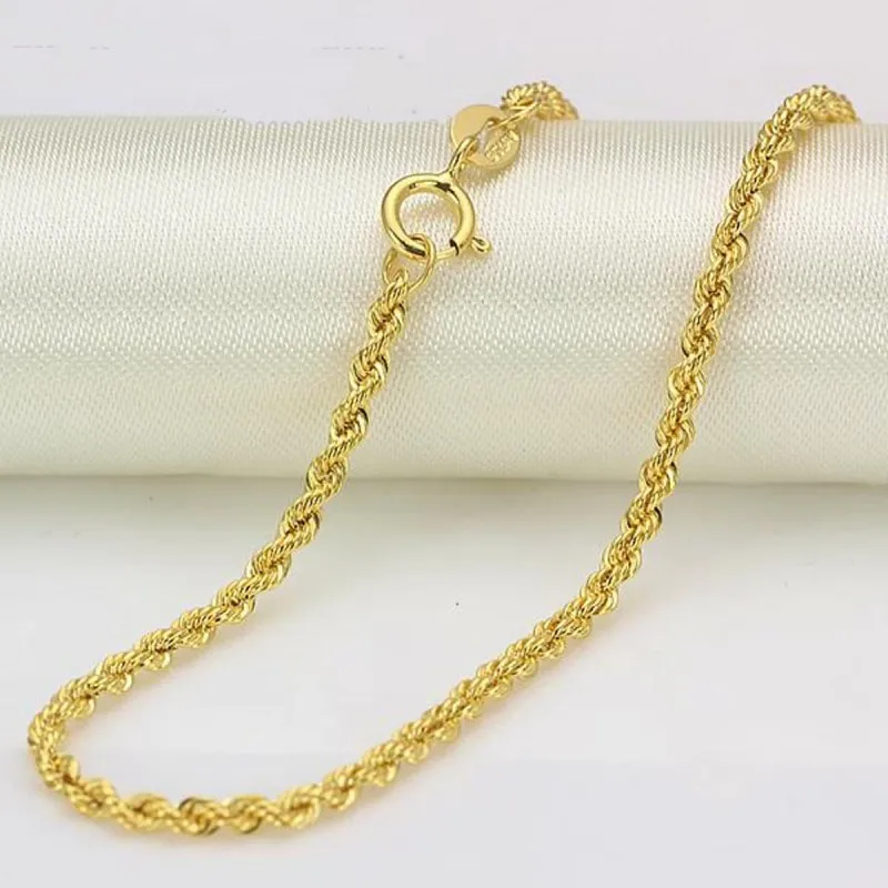 

New Real 18k Yellow Gold Chain Women Men Luck 2mmW Rope Chain Necklace