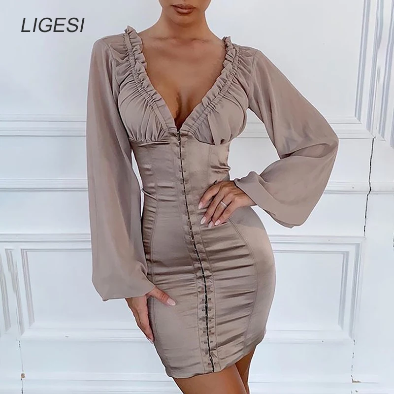 

Sexy Off Shoulder Ruffle Dress Women Summer Puff Sleeve V-neck Patchwork Stain Bodycon Party Dresses Clubwear vestidos