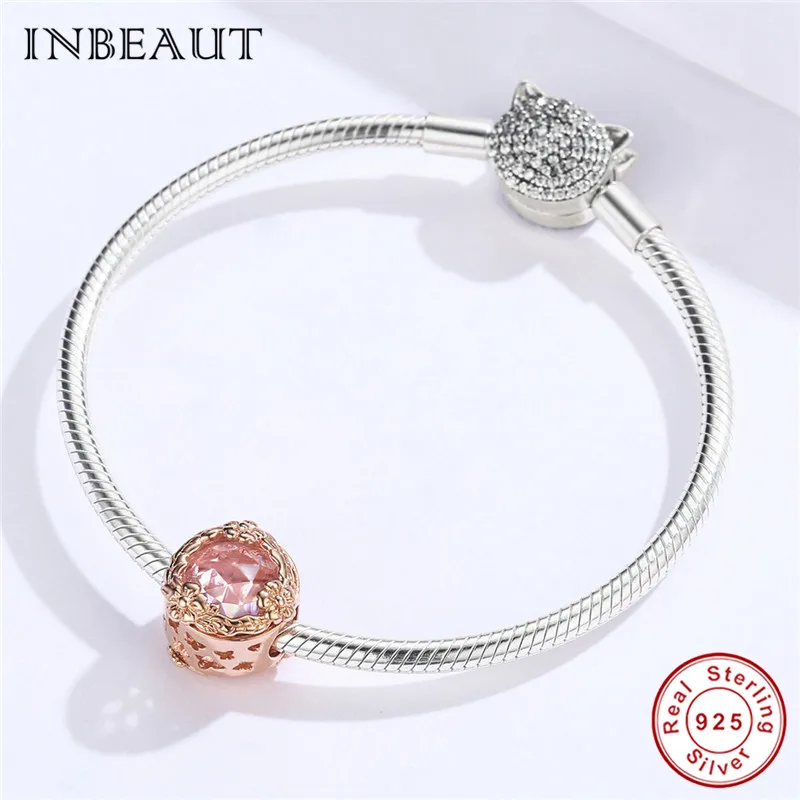

INBEAUT 100% 925 Sterling Silver Pink Zircon Rose Beads fit Brand Bracelet Rose Gold Autumn Daisy Flower Charms for diy Bangle