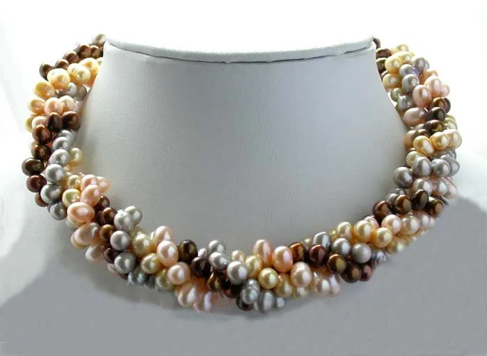 

Beautiful 4strands 17" coffee pink gray champagne pearl necklace