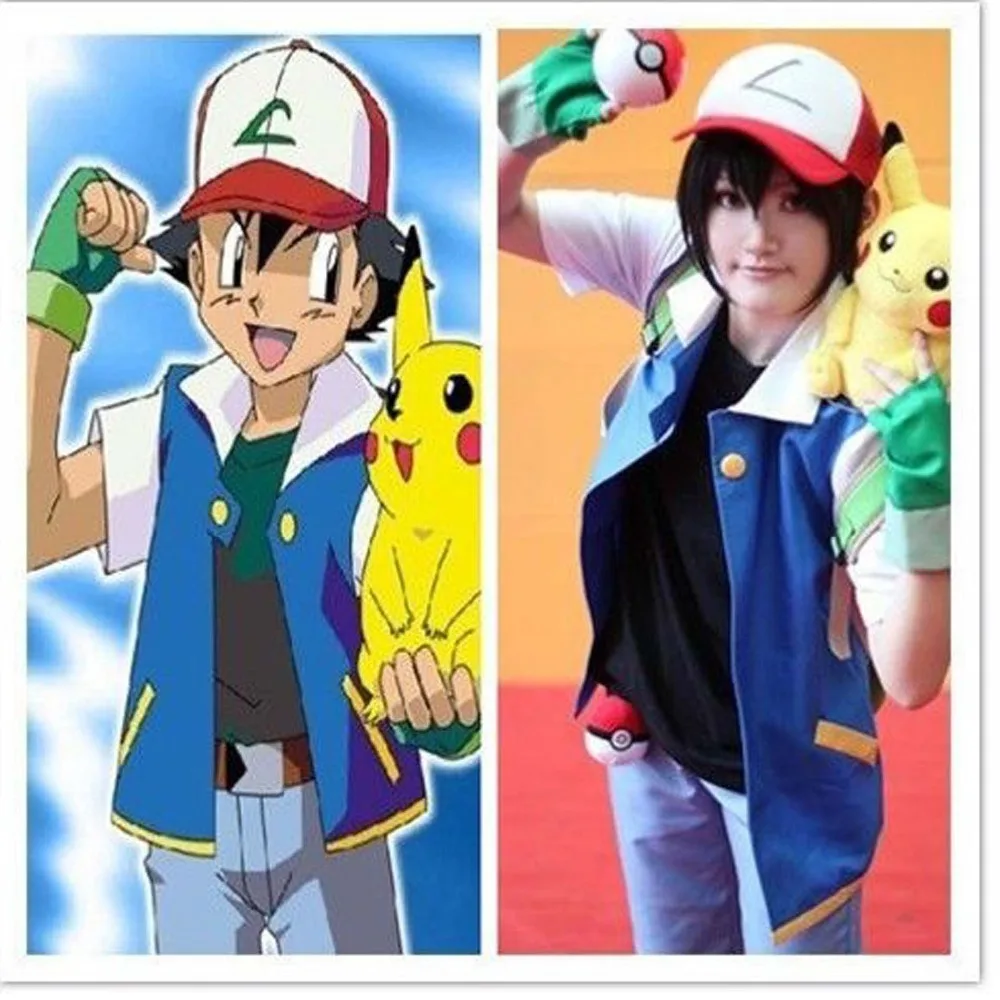 High Quality Unisex Adult Pokemon Ash Ketchum Costume Cosplay Halloween Blue Jacket+Gloves+Hat | Тематическая одежда и