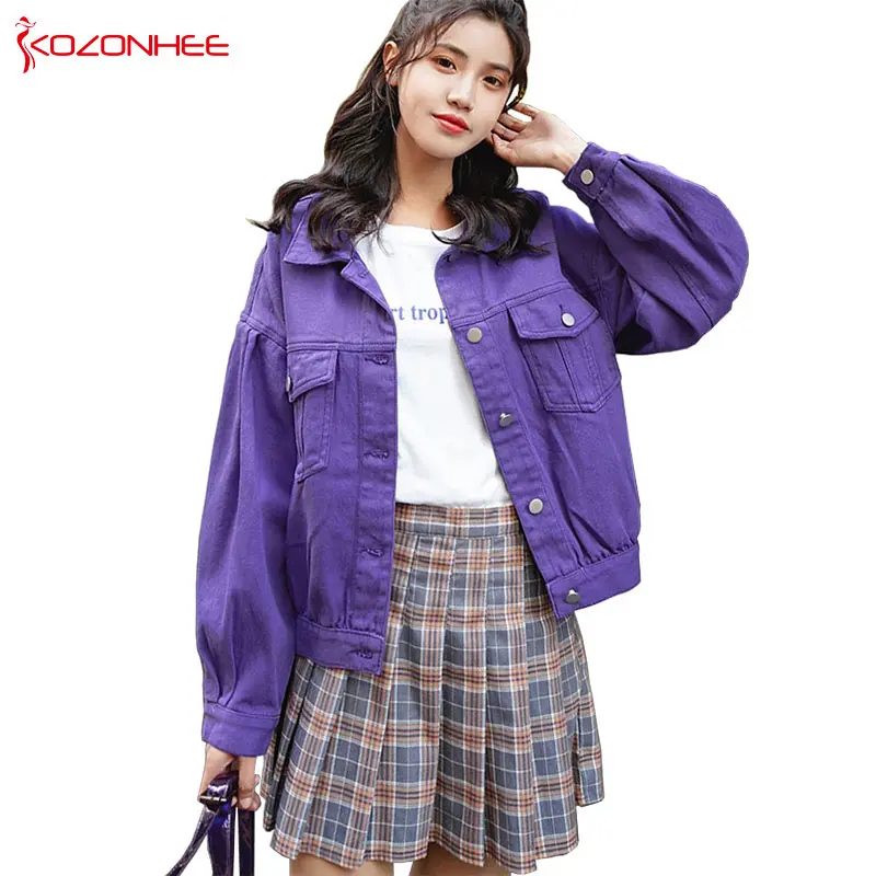 Свободная фиолетовая джинсовая куртка бомбер женская бойфренда женские