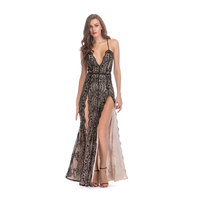 

D077 sexy double split v-neck spaghetti crisscross straps floor length sequined dress