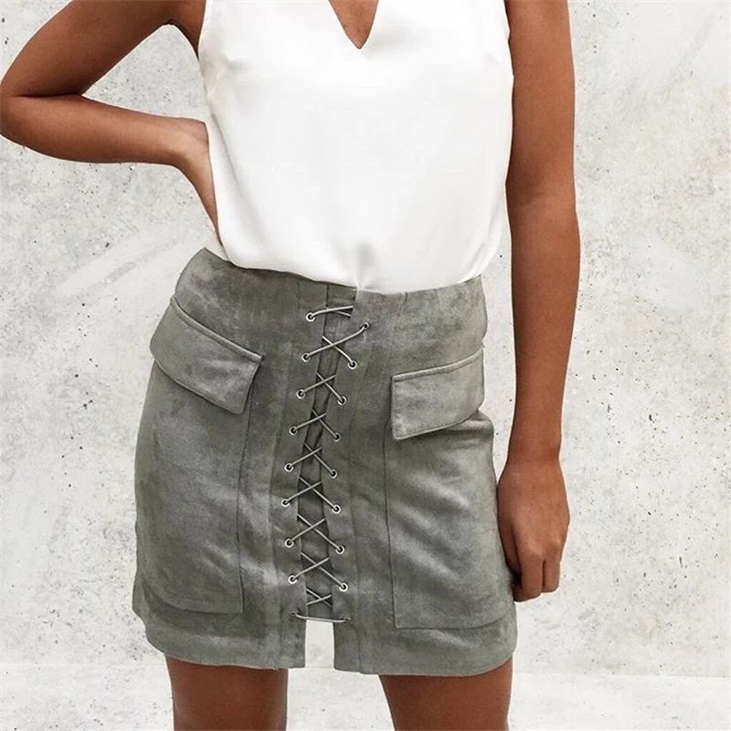 2016 Autumn Winter New Elegant Sexy 90's Vintage Bodycon Suede Leather Pocket Lace Up High Waisted Women Mini Short Pencil Skirt | Женская