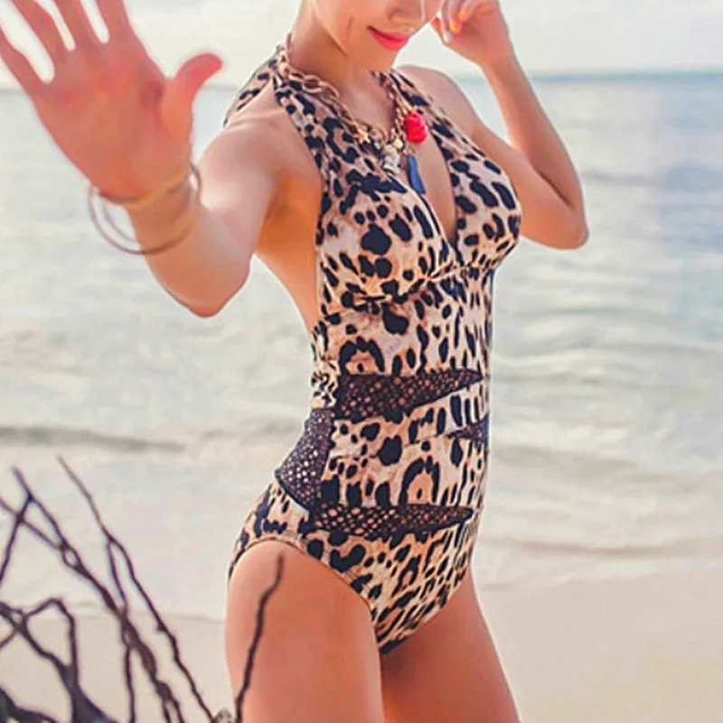 2017 Холтер Цельный Купальник леопардовый пуш ап винтажный купальник с открытой