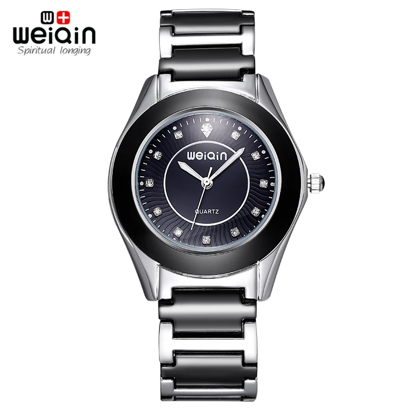 WEIQIN Кристальный циферблат серебристо черные керамические женские часы браслет
