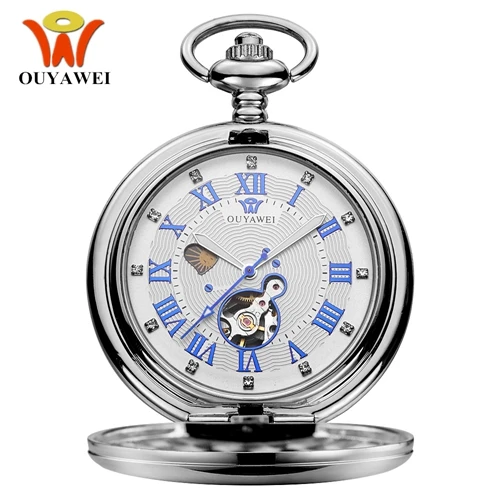 Silver White Новинка OYW Механические мужские карманные часы в стиле стимпанк с ручным подзаводом и синим каркасом, стальное ожерелье с подвеской, модные часы с цепочкой - Цвет: Silver White