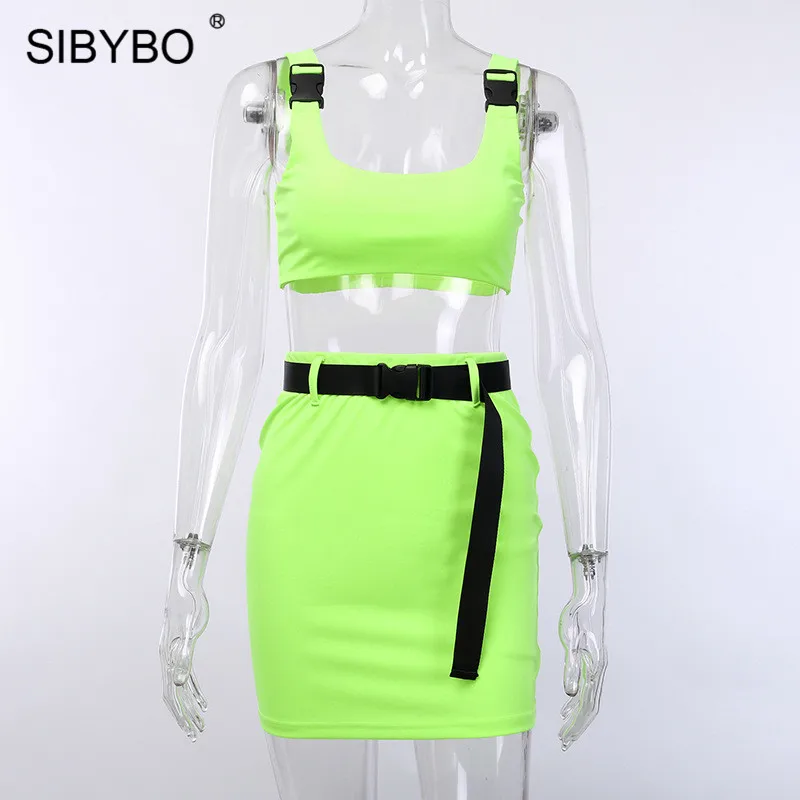 Fluorescent Yellow Женский комплект с регулируемыми лямками Sibybo, из двух предметов, сексуальное платье без рукавов с высокой талией и поясом, однотонное мини-платье на лето, короткая одежда для пляжной вечеринки - Цвет: Fluorescent Yellow