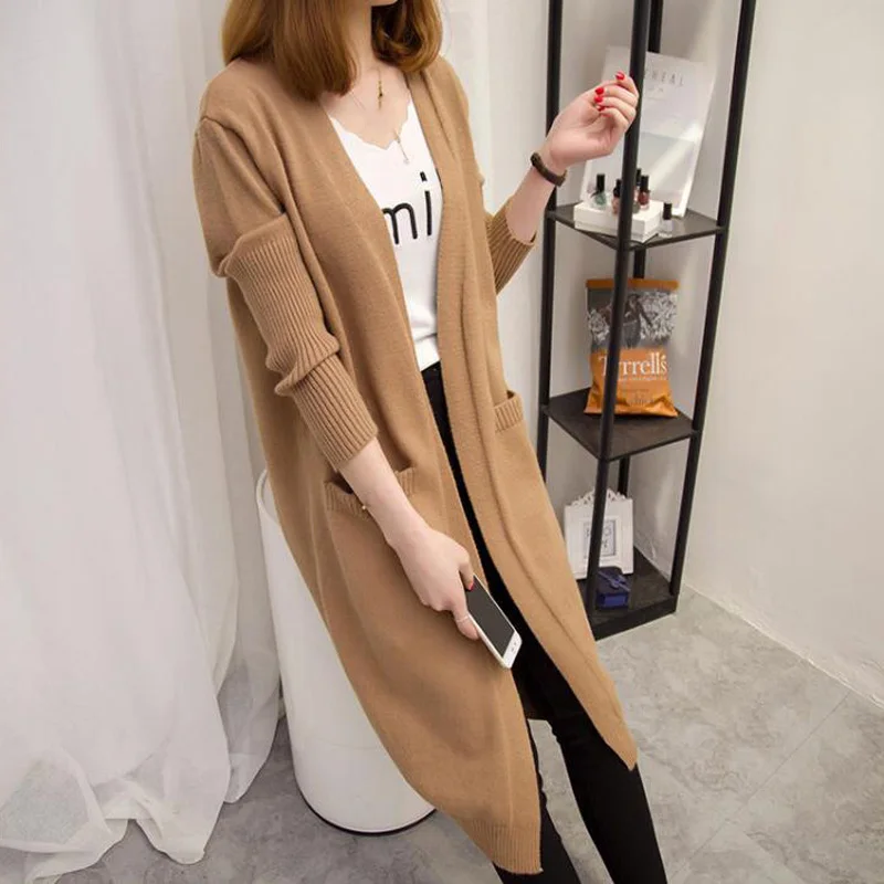 OHRYIYIE Autumn Winter Sweater Women Long Cardigan Pockets Loose Knit Female Green Yellow Plus Size Sweaters Tops Coat |