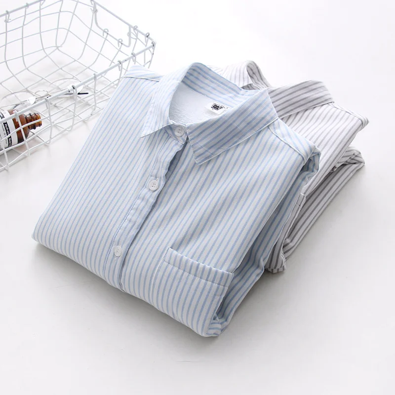 

Autumn Winter New Loose Small Fresh Women Blouses Korean Plus Velvet Long-sleeved Shirts Female Warm All Match Striped Blusas