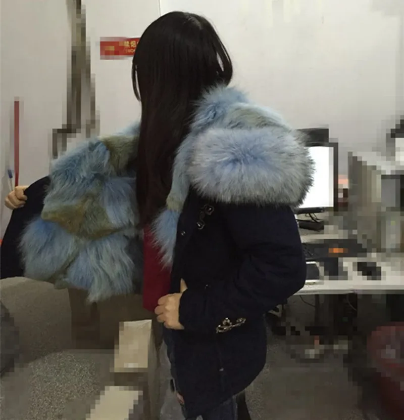 Толстый теплый воротник из меха волка светло-голубая подкладка натурального