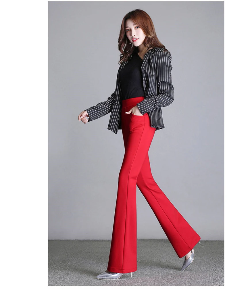 New Women's Autumn Spring Tight Flare Pants Red High Waist Plus Size Blue Elastic Band Trousers Fashion Casual Stretch Pants 6XL