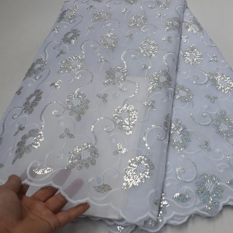 5 ярдов Высокое качество африканская органза кружевная ткань белый и серебряный