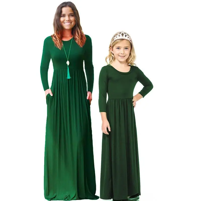 Dark green Платье для мамы и дочки; платья с длинными рукавами для мамы и дочки; коллекция года; осенние вечерние платья для мамы и дочки; одежда для всей семьи - Цвет: Dark green