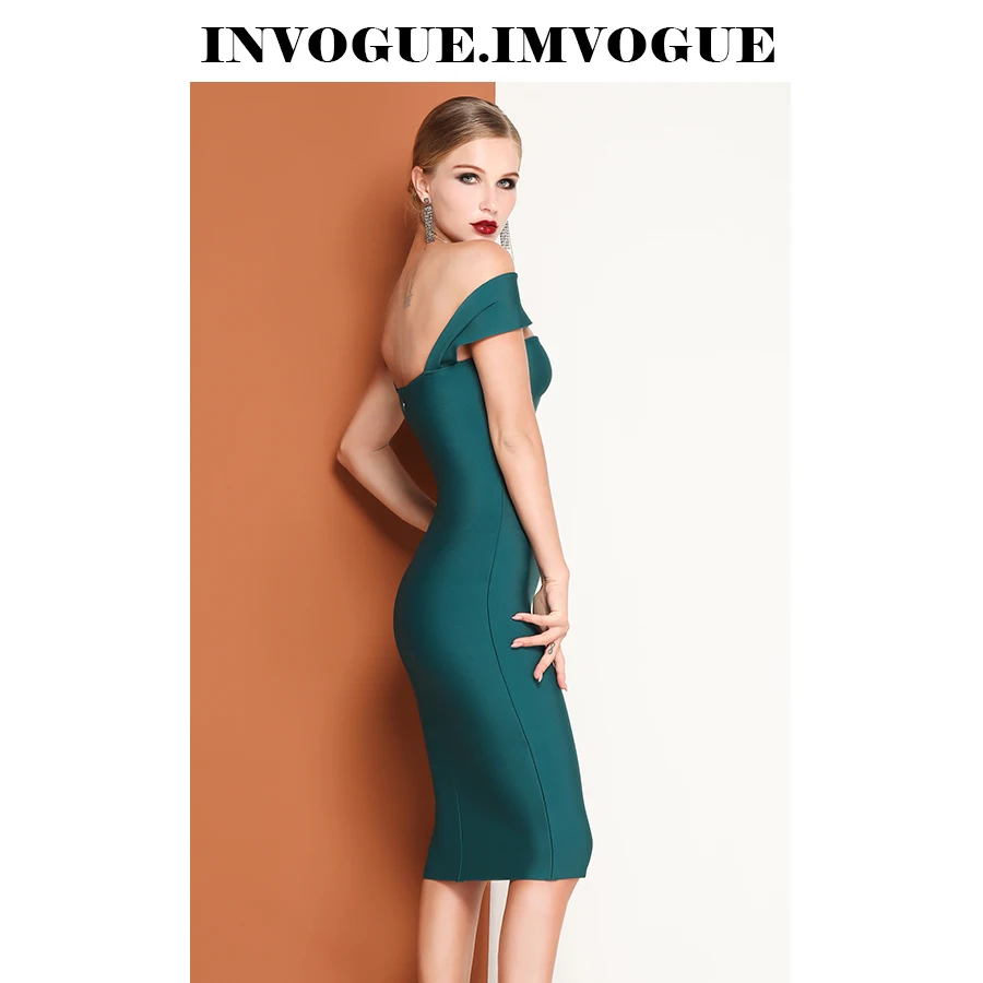 INVOGUE. Женское облегающее платье с открытыми плечами IMVOGUE однотонное до колена
