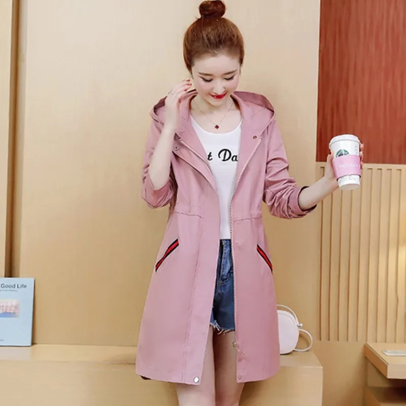 Pink UHYTGF, весенний Тренч, пальто для женщин, модное, с капюшоном, тонкое, Женское пальто, Осенние Топы, настоящая, элегантная, Женская ветровка, большой размер, 549 - Цвет: Pink
