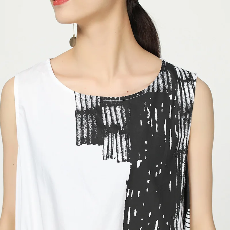 LANMREM 2020 New Summer Fashion Women Clothes Round Neck Sleeveless Printed Inks Asymmetrical Cotton Dress WG90001 vintage | Женская