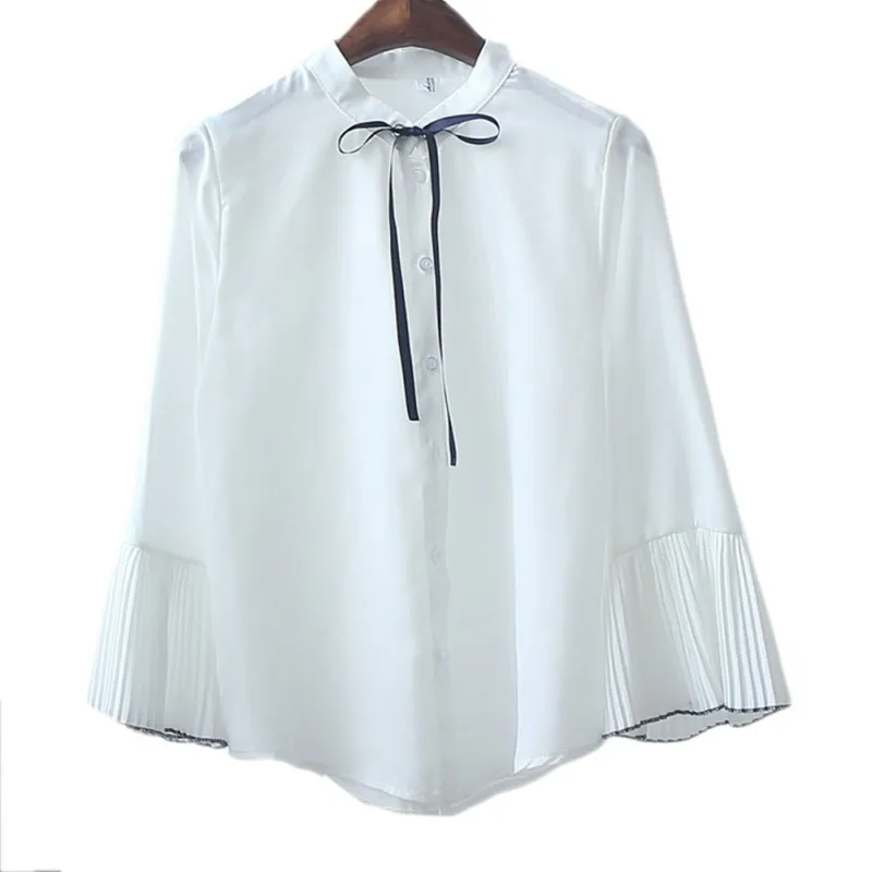 US Warehouse Blouse Women Korean Stand Collar Chiffon solid Shirts Spring Bow Tie Flare Sleeve Elegant Shirt Blue Pink Blusas | Женская