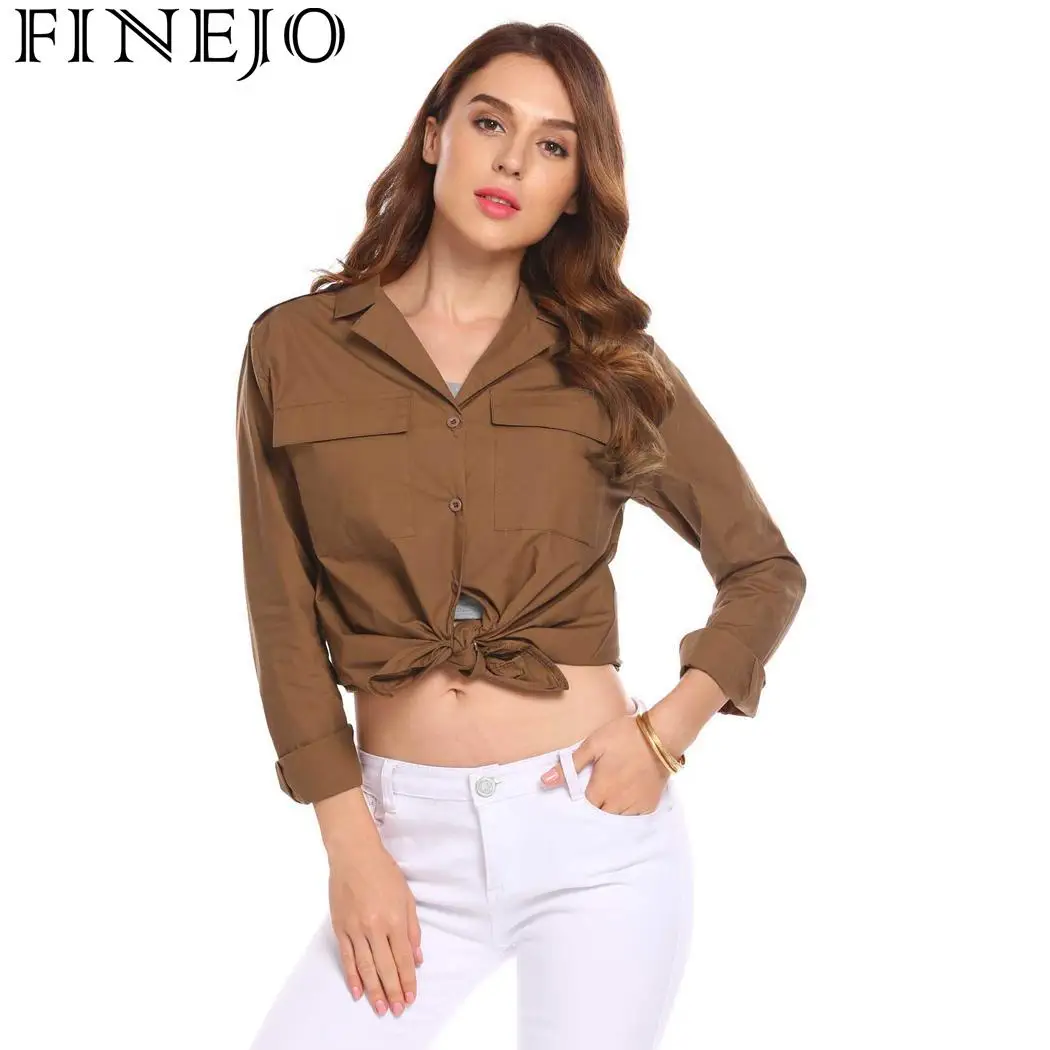 FINEJO блузка Blusas Женская Осенняя длинная Повседневная на пуговицах с длинным