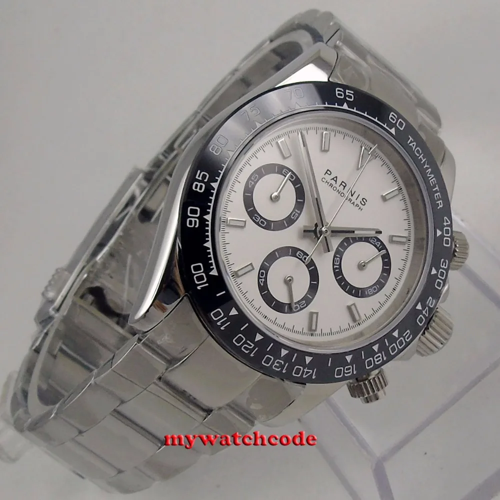 39mm PARNIS white dial sapphire glass solid full Chronograph quartz mens watch P1077 | Наручные часы