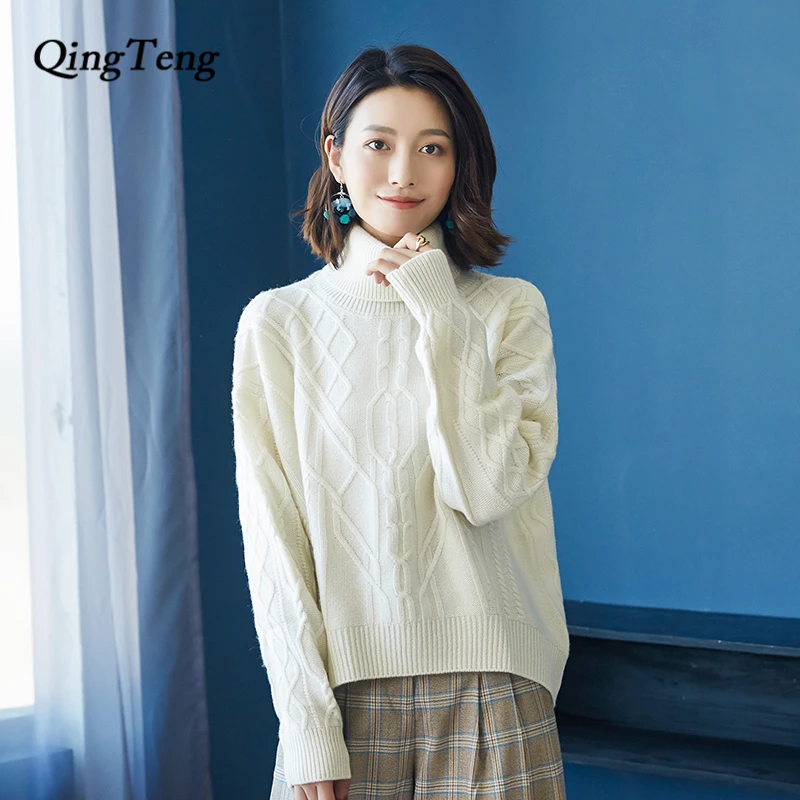 Christmas Sweater Women Winter Cashmere Cable Knit Jumper Pullover Female High Quality Knitting Brand Wool Thick Turtleneck | Женская