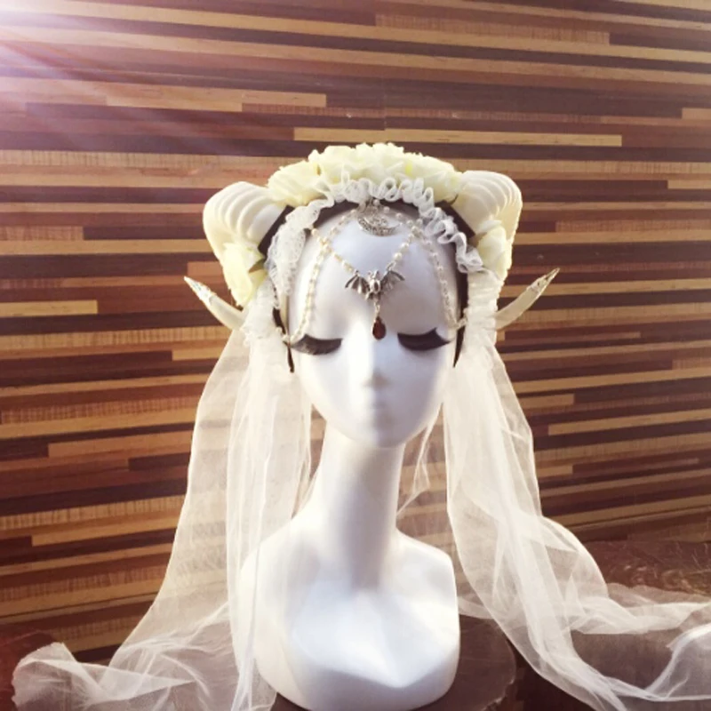 with 100cm veil Стимпанк рога головной убор готический головной убор Хэллоуин рога Косплей рога головной убор белые рога головной убор - Цвет: with 100cm veil