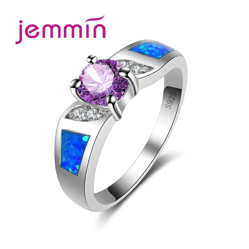 

Women 925 Sterling Silver Needle Wedding Engagement Rings With Purple Austrian Crystal Blue Fire Opal Anniversary Finger Ring