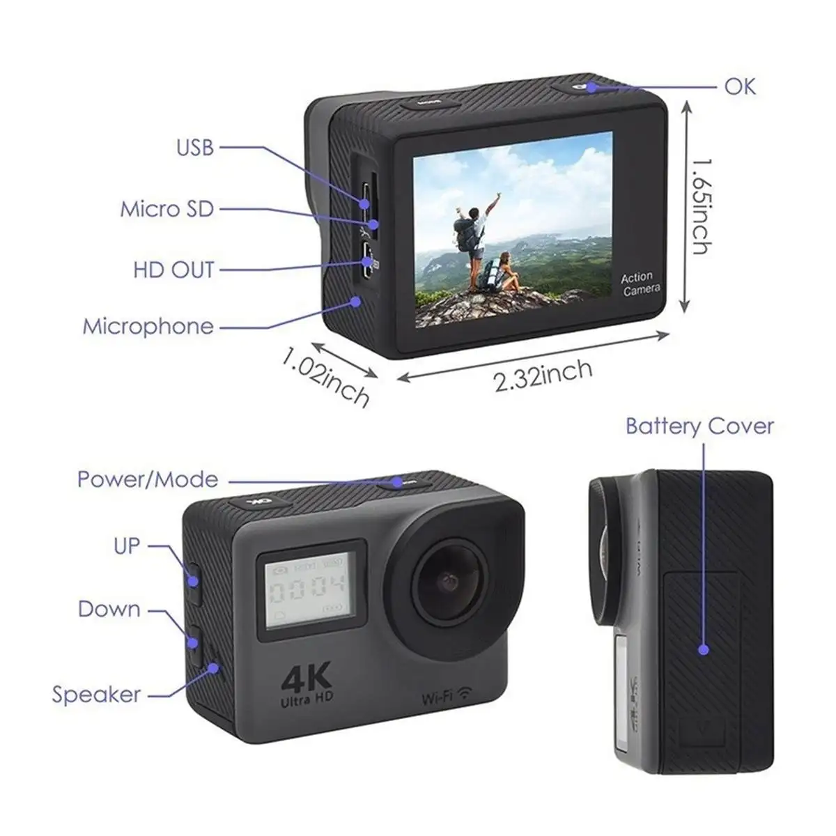 Цена Камера для спортивной съемки Ultra HD, Спортивная камера для шлема с широким углом обзора 2,0 дюйма, 4K/30fps, Wi-Fi, 170D, водонепроницаемая