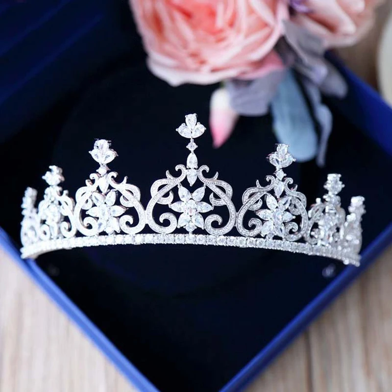 New Fashion Cubic Zirconia Tiara Crown Marquise-Cut Zircon Flower Headband Jewelry Wedding Bride Headdress Queen Headpiece Gifts | Украшения